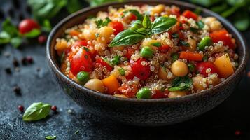 Colorful quinoa salad with fresh vegetables and herbs in a rustic bowl. photo