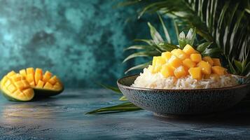Delicious bowl of sticky rice topped with fresh mango served on a colorful table. photo