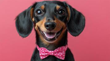 Happy black and tan dog wearing a pink bow tie in front of a bright pink background. photo