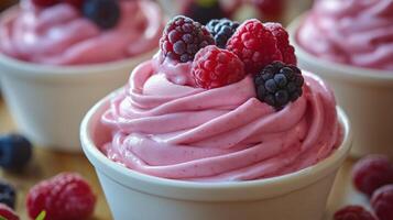 Dessert featuring pink berry swirl topped with fresh raspberries and blackberries in small bowls. photo