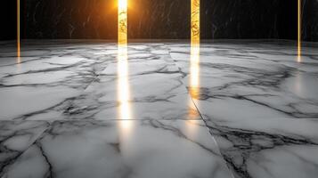 Reflective marble floor with golden light shining through doorways in a modern space. photo