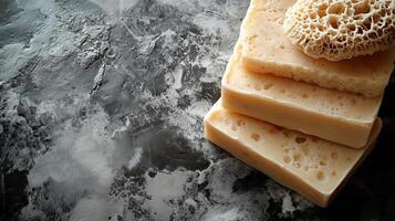 Natural handmade soap bars stacked on a dark textured surface with a loofah. photo