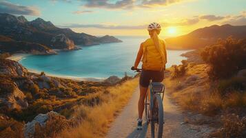 Biker enjoying sunset views along coastal path in serene landscape. photo