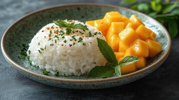 Delicious mango and coconut sticky rice served on a green plate. photo