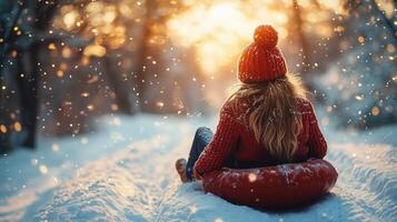 Winter fun in snow with a child on a sled enjoying a sunset in a snowy forest. photo