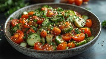 Fresh cucumber and tomato salad with herbs prepared in a kitchen. photo