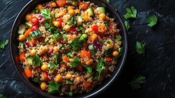 Fresh quinoa salad with vegetables in a black bowl on dark stone background. photo