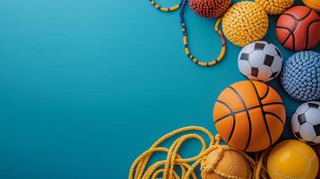 Colorful collection of various sports balls and equipment on blue background during daylight. photo