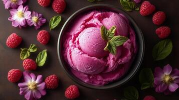 Bright raspberry ice cream served in a bowl surrounded by fresh berries and flowers. photo