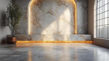 Elegant marble interior with natural light highlighting curved design elements and warm accents. photo