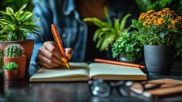 Writing in a cozy environment surrounded by plants and greenery while enjoying a creative moment. photo