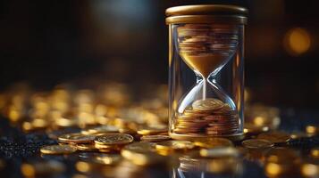 Time and wealth intertwine in an hourglass filled with coins on a shimmering surface. photo