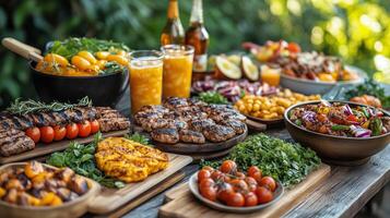 Grilled meats and colorful salads at a backyard gathering during summer. photo