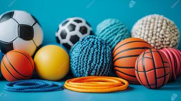 Collection of various sports balls on a blue background showcasing diverse textures and colors. photo