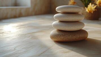 Natural stones are carefully stacked on a smooth surface, illuminated by soft sunlight. photo