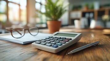Calculator, glasses, notebook, and pen on wooden table in bright workspace with indoor plants. photo