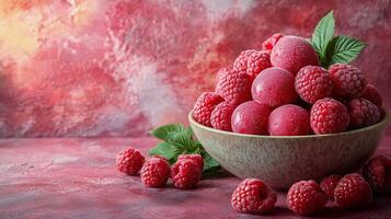 Fresh raspberries in a bowl surrounded by vibrant colors and textures on a decorative surface. photo