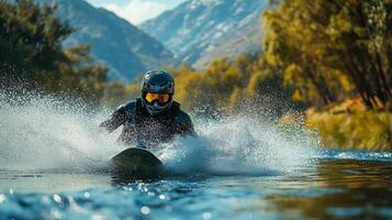 Waterskier performs tricks on a river surrounded by mountains and trees during bright daylight. photo