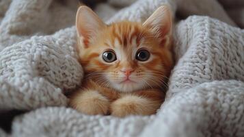 Curious orange kitten playing in soft gray blanket during cozy indoor moment. photo