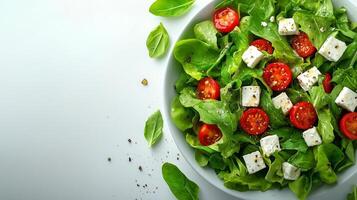 Fresh salad with cherry tomatoes and feta cheese in a white bowl on a light background. photo