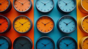 Colorful wall with various clocks showcasing different times and vibrant background colors. photo