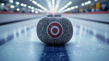 Curling stone positioned on the ice at a sports facility during a competitive match. photo