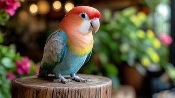 Colorful parrot perched on wood near vibrant flowers in a cozy indoor setting. photo