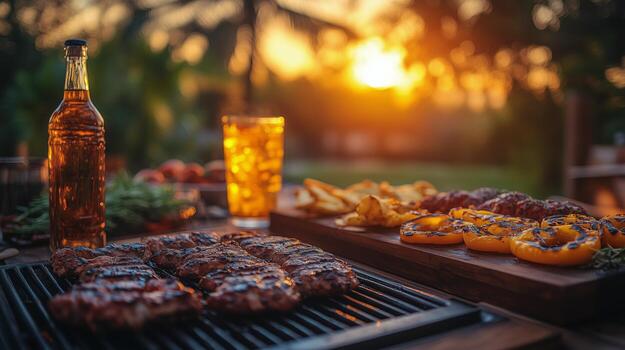 Grill party at sunset with delicious barbecue and refreshing drinks in a backyard setting. photo