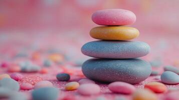 Stacked colorful stones on a pink background creating a serene and calming atmosphere. photo