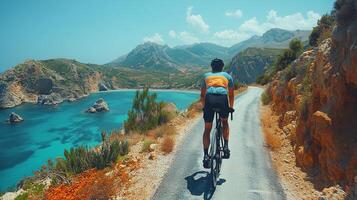 Cycling along a coastal road with stunning views of the sea and mountains in sunny weather. photo