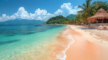 Serene beach view with turquoise water and palm trees under a clear sky. photo