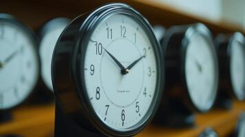 Clocks arranged neatly in a classroom setting showing various times throughout the day. photo