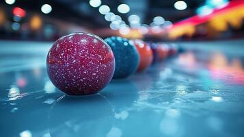Colorful bowling balls lined up on the lane in a vibrant bowling alley setting. photo