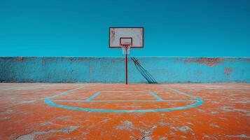 Vibrant basketball court under clear blue sky in a sunny location. photo