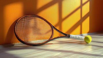 Tennis racket and ball resting against a bright orange wall with sunlit shadows. photo