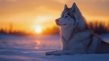 Siberian husky enjoys sunset on a snowy landscape in winter. photo