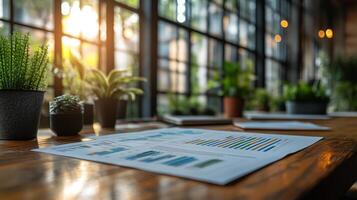 Business analysis documents on wooden table in a modern office space during sunset. photo