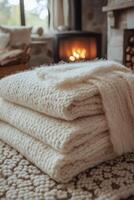 Cozy knitted blankets stacked near a warm fireplace in a comfortable living room. photo