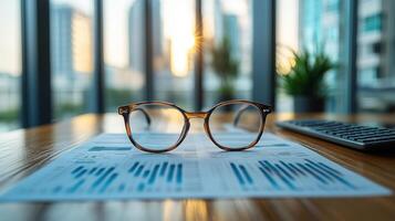 Glasses resting on a report in a modern office with city skyline at sunset. photo