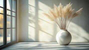 Elegant vase with dried pampas grass near window creating serene atmosphere in bright room. photo
