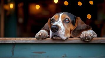 Curious beagle looks out with soulful eyes in a cozy setting at dusk. photo