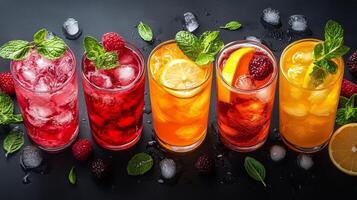 Refreshing summer beverages arranged on a dark surface with vibrant colors and fresh ingredients. photo