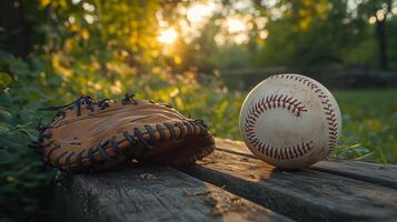 Baseball glove and ball on a wooden bench during sunset in a green park. photo