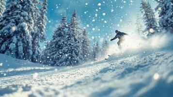Snowboarder carving through fresh powder in a winter landscape with tall evergreen trees. photo