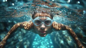 Swimmer gliding through clear water under bright sunlight in a pool. photo