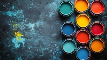 Colorful paint cans arranged artistically on a textured background. photo