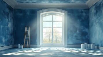 Bright blue room under renovation with a ladder and paint cans during morning light. photo
