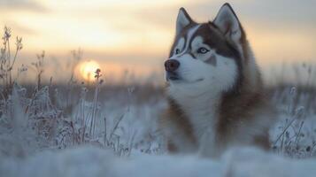 Siberian husky observing sunset in a snowy landscape during winter. photo