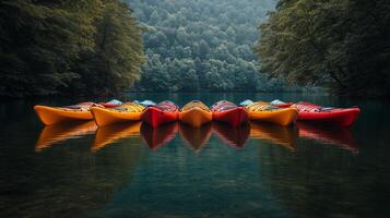 Brightly colored kayaks lined up in calm water surrounded by lush greenery at dawn. photo
