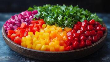 Colorful chopped vegetables arranged neatly on a round plate for fresh meal preparation. photo